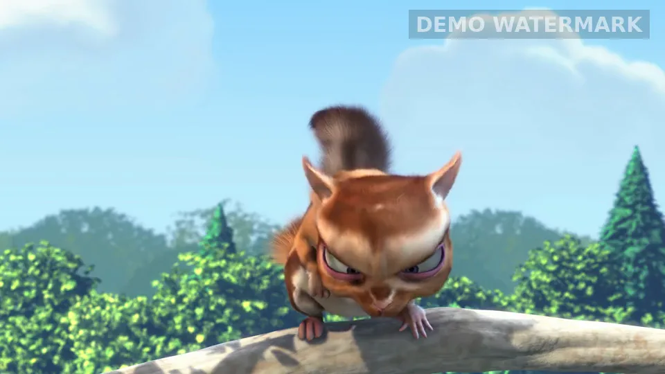 Big Buck Bunny frame with a fixed translucent demo watermark in the upper-right corner